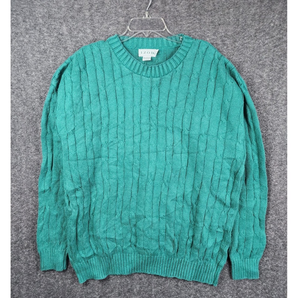 Izod Cable Knit Sweater Mens 3XT Teal Green Vintage Cotton Crew Neck USA Made